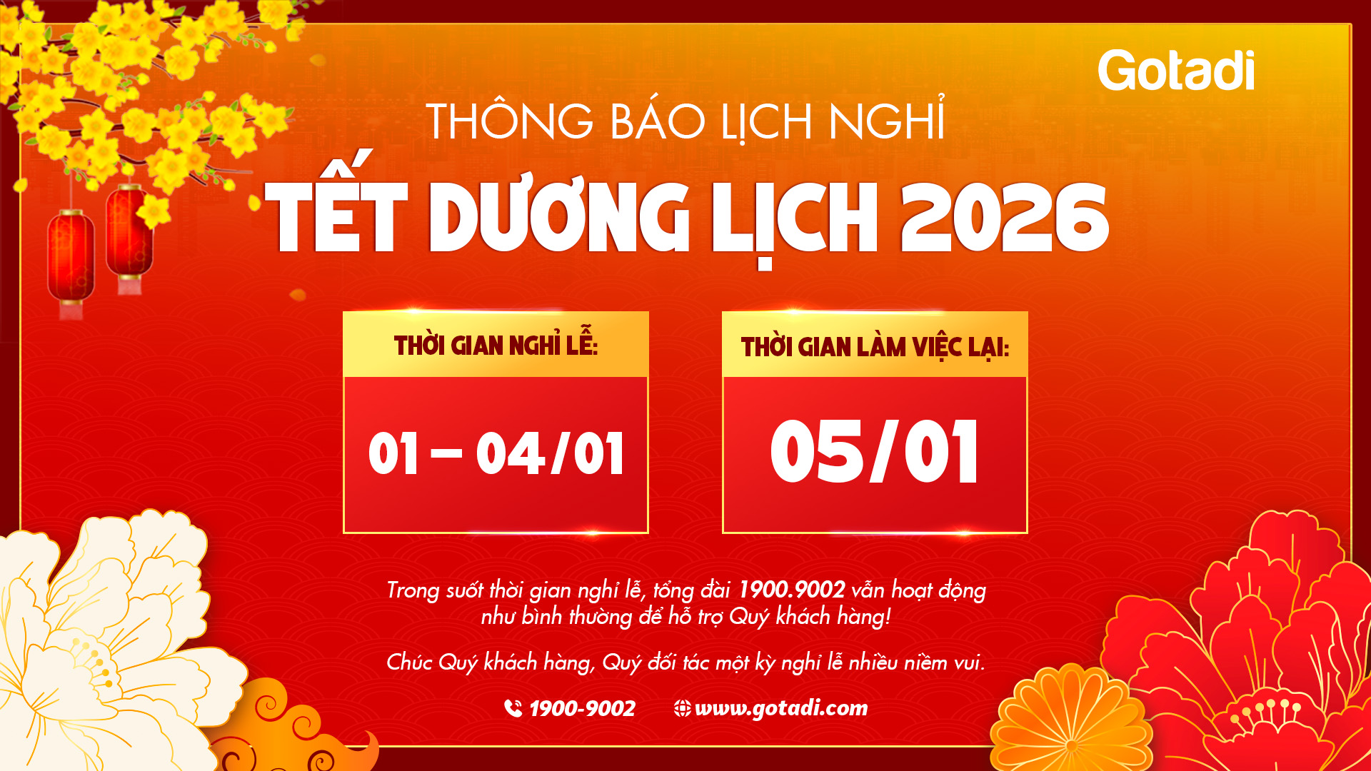 Gotadi thông báo lịch nghỉ Tết Dương Lịch 2026