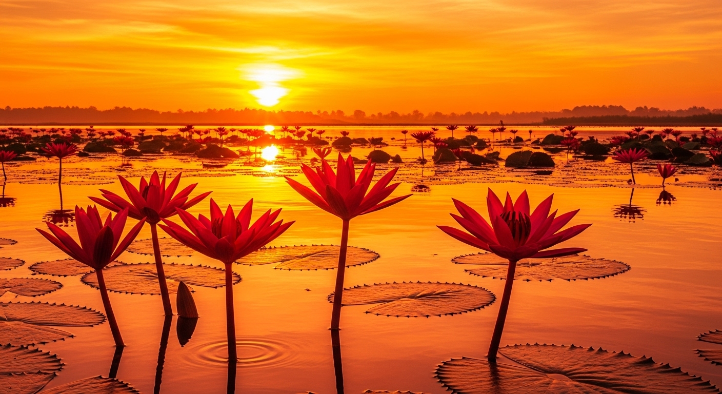 Hồ Nong Han Sakon Nakhon hoa súng đỏ du lịch Thái Lan.